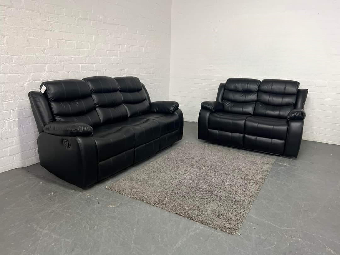 3+2 Roma Leather Recliner Sofa with Cupholders (Black)