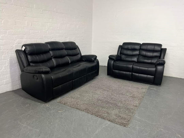 3+2 Roma Leather Recliner Sofa with Cupholders (Black)