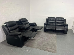 3+2 Roma Leather Recliner Sofa with Cupholders (Black)