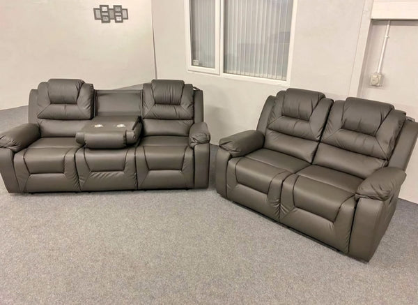 3+2 Vancouver Leather Recliner Sofa Set With Cupholders (Grey)
