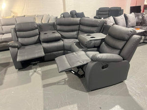 Roma Leather Corner Recliner with Cupholders (Grey)