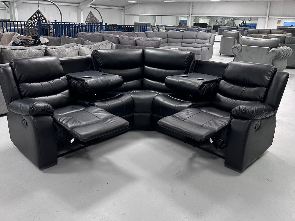 Roma Leather Corner Recliner with Cupholders (Black)