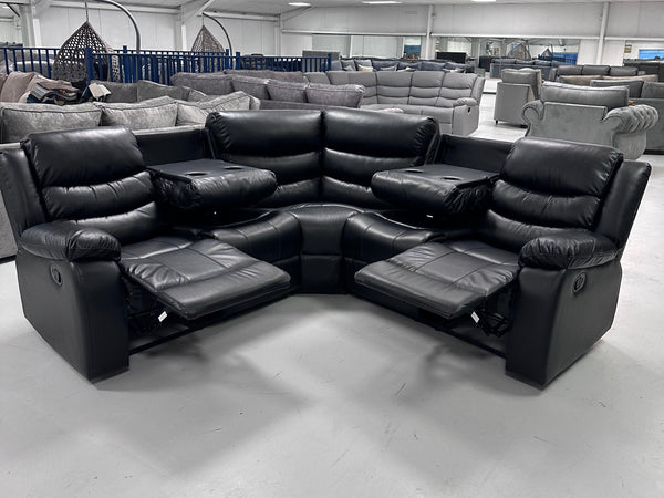Roma Leather Corner Recliner with Cupholders (Black)