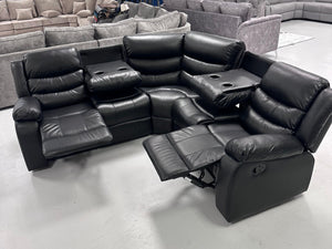 Roma Leather Corner Recliner with Cupholders (Black)
