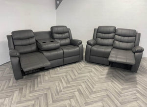 3+2 Roma Leather Recliner with Cupholders (Grey)