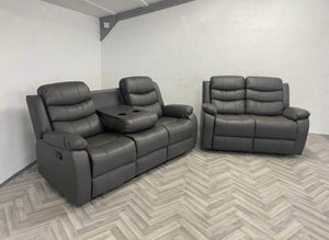 3+2 Roma Leather Recliner with Cupholders (Grey)