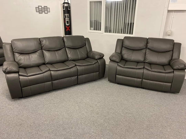 3+2 Highgate Leather Recliner Sofa With Cupholders (Grey)