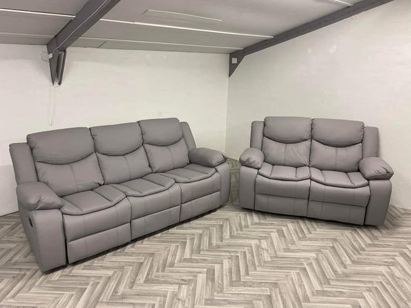 3+2 Highgate Leather Recliner Sofa With Cupholders (Light Grey)