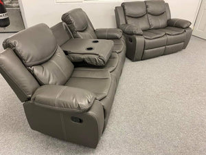 3+2 Highgate Leather Recliner Sofa With Cupholders (Grey)