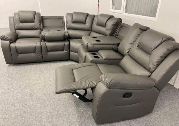 Vancouver Leather Corner Recliner Sofa with Cupholders (Grey)