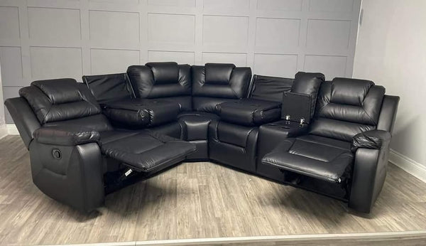 Vancouver Leather Corner Recliner Sofa with Cupholders (Black)