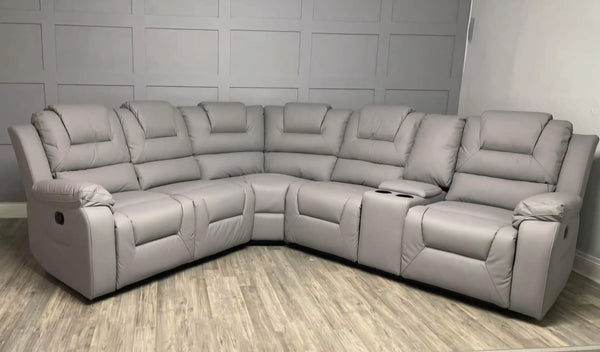 Vancouver Leather Corner Recliner Sofa with Cupholders (Light Grey)