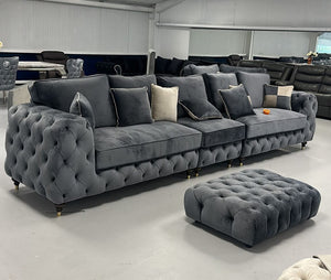 5 Seater Royale Ashton Chesterfield Sofa (Steel Plush Velvet)