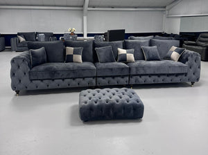 5 Seater Royale Ashton Chesterfield Sofa (Steel Plush Velvet)