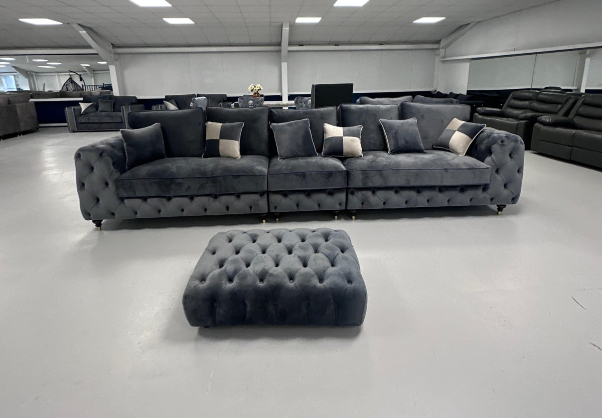 5 Seater Royale Ashton Chesterfield Sofa (Steel Plush Velvet)