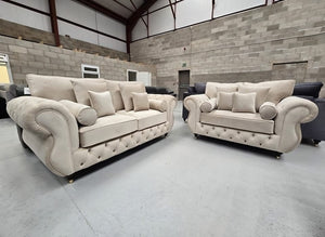 3+2 Seater Rio Chesterfield Sofa Set  - Cream Plush Fabric