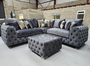 Ashton Chesterfield Corner Sofa -  Steel Plush Fabric
