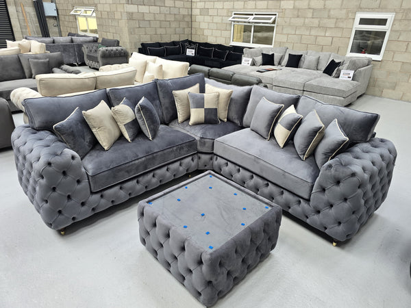 Ashton Chesterfield Corner Sofa -  Steel Plush Fabric