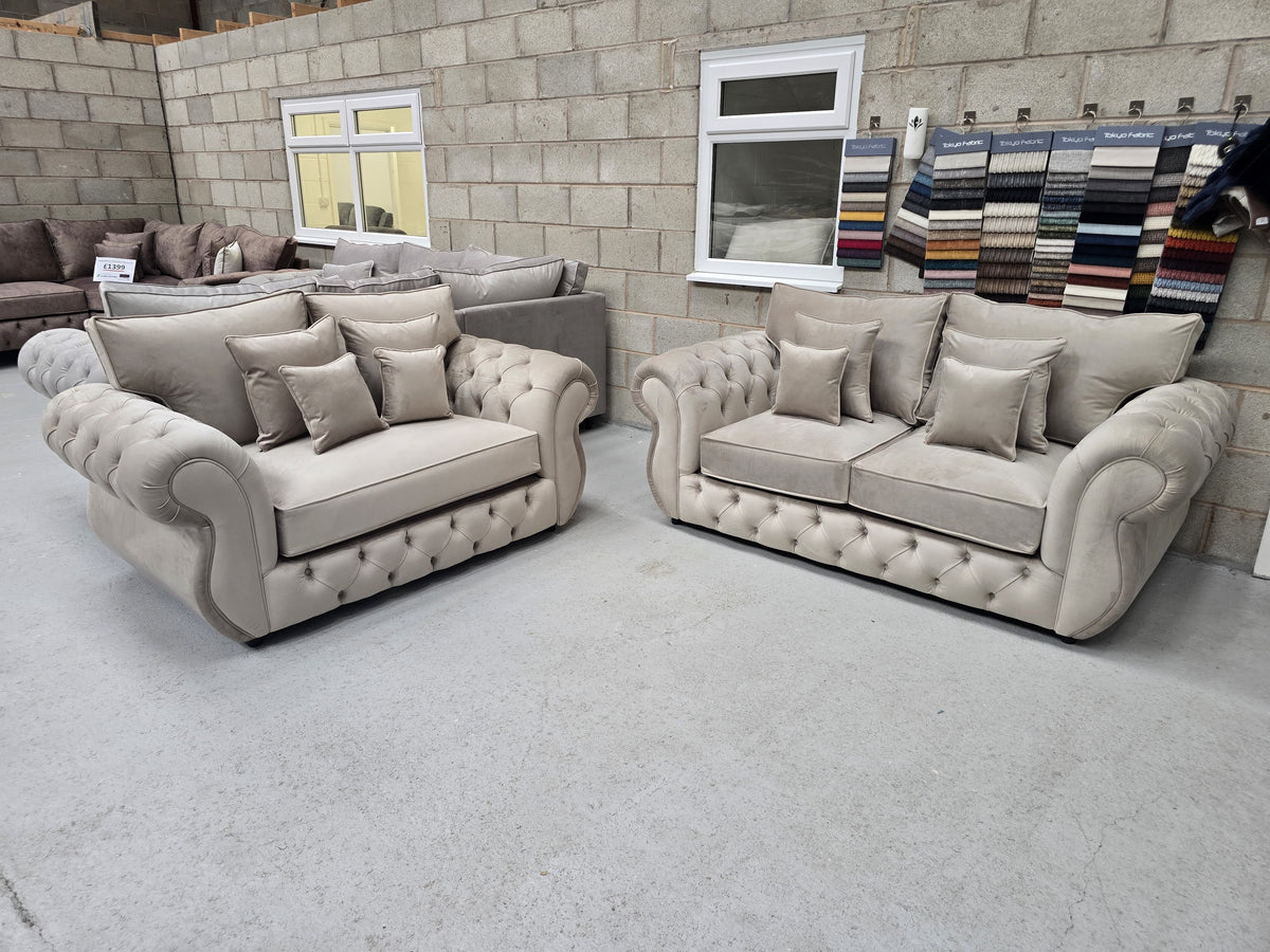 3+2 Rio Chesterfield Sofa Set - New Coffee Plush Fabric