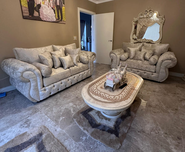 3+2 Rio Chesterfield Sofa Set – Silver Crush Velvet Fabric