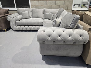 Rio Chesterfield Corner Sofa – Silver Plush Fabric