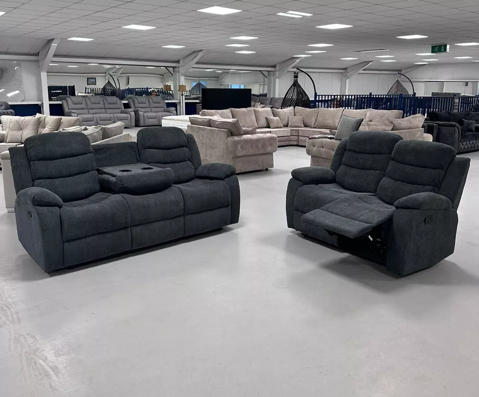 3+2 Roma Leather Recliner Sofa Set with Cupholders (Grey)